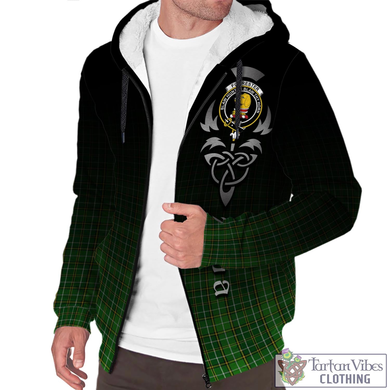 Tartan Vibes Clothing Forrester or Foster Hunting Tartan Sherpa Hoodie Featuring Alba Gu Brath Family Crest Celtic Inspired