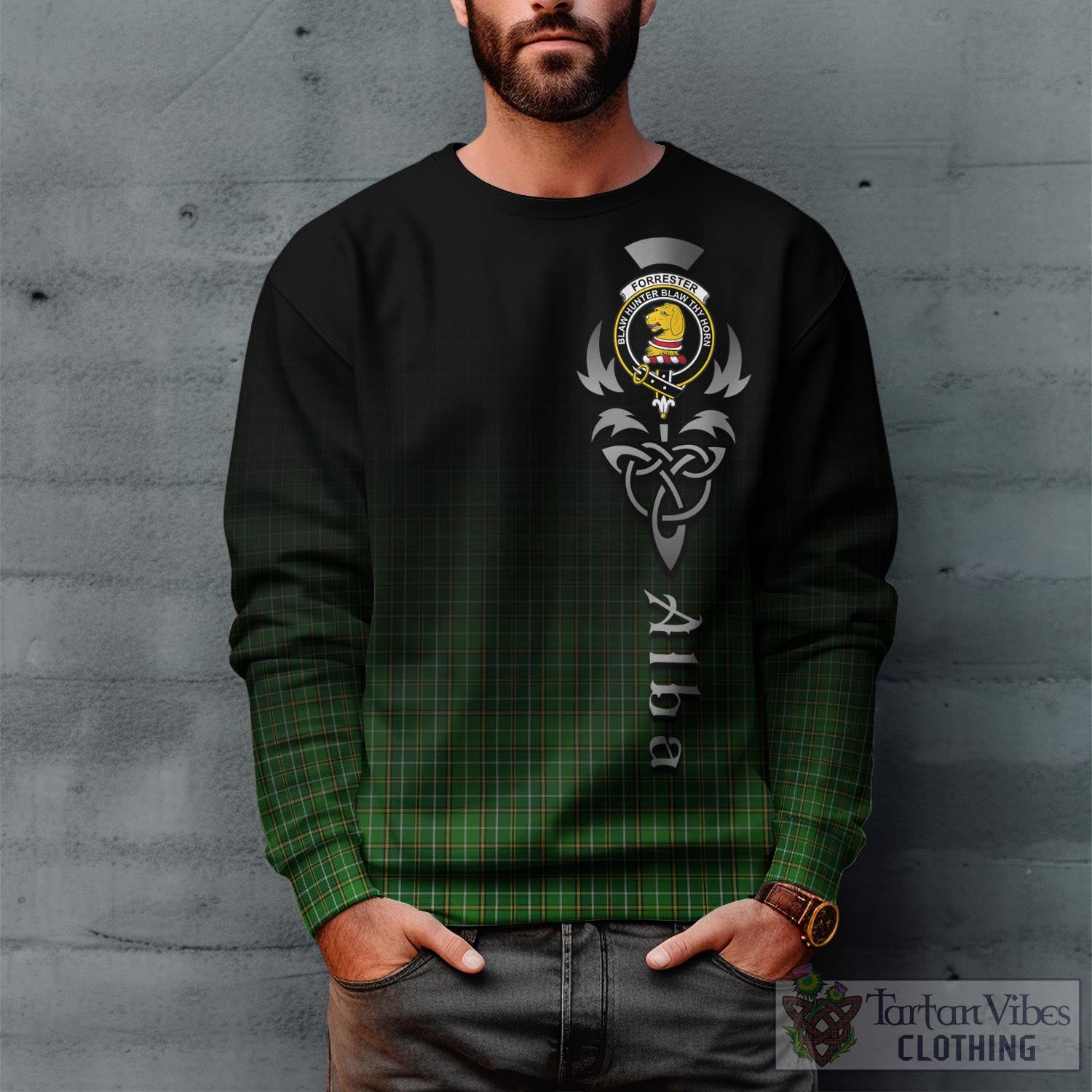 Tartan Vibes Clothing Forrester or Foster Hunting Tartan Sweatshirt Featuring Alba Gu Brath Family Crest Celtic Inspired