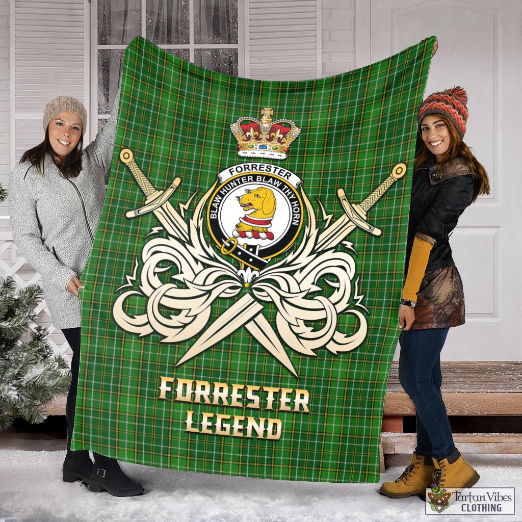 Tartan Vibes Clothing Forrester or Foster Hunting Tartan Blanket with Clan Crest and the Golden Sword of Courageous Legacy