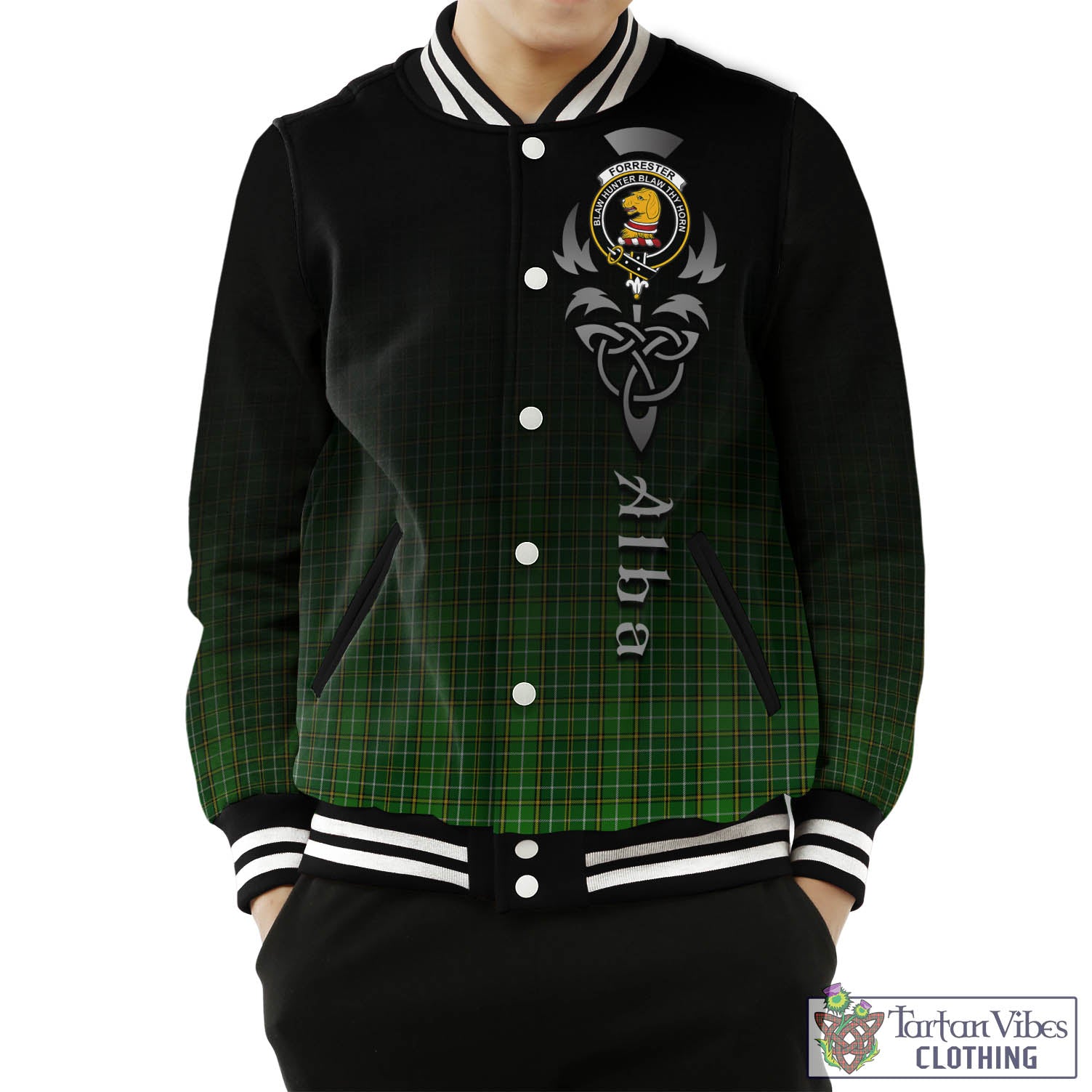 Tartan Vibes Clothing Forrester or Foster Hunting Tartan Baseball Jacket Featuring Alba Gu Brath Family Crest Celtic Inspired