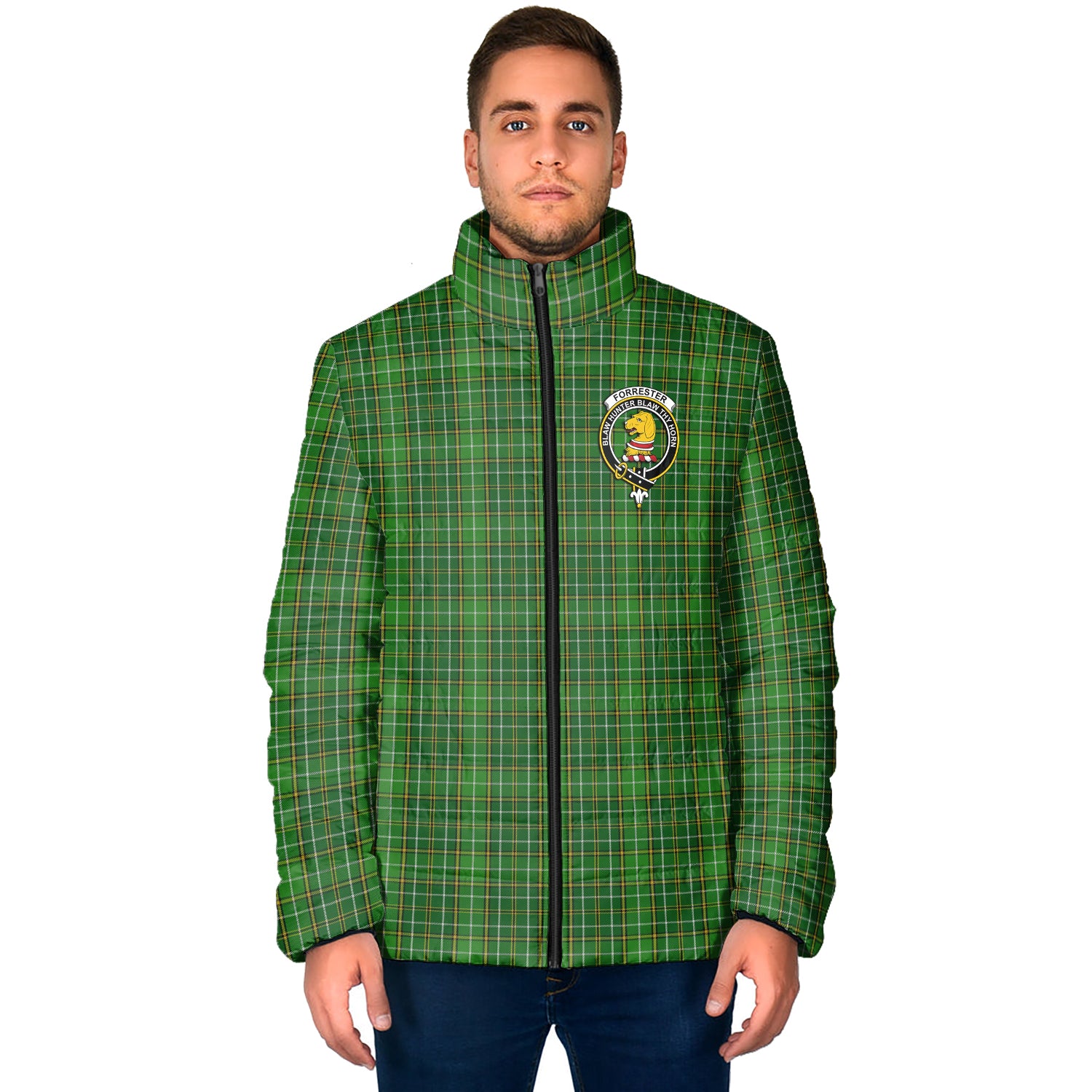 Forrester Hunting Tartan Padded Jacket with Family Crest - Tartan Vibes Clothing