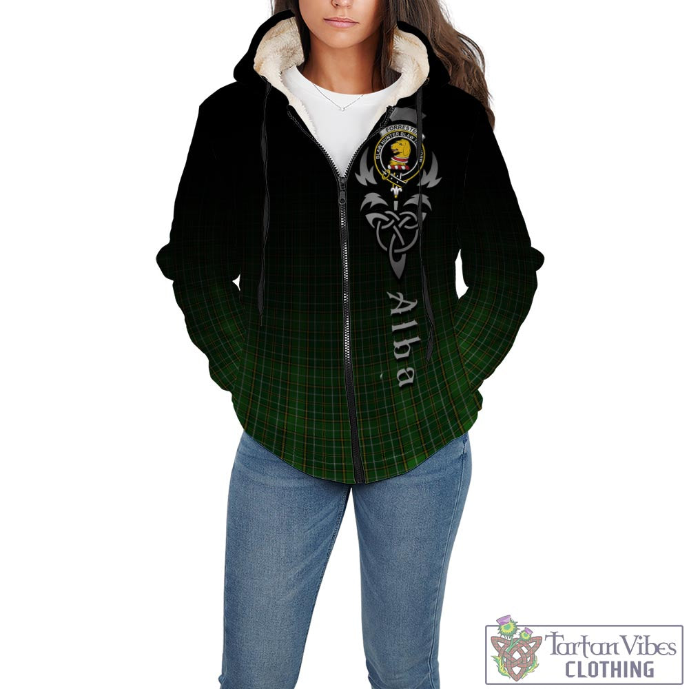 Tartan Vibes Clothing Forrester or Foster Hunting Tartan Sherpa Hoodie Featuring Alba Gu Brath Family Crest Celtic Inspired