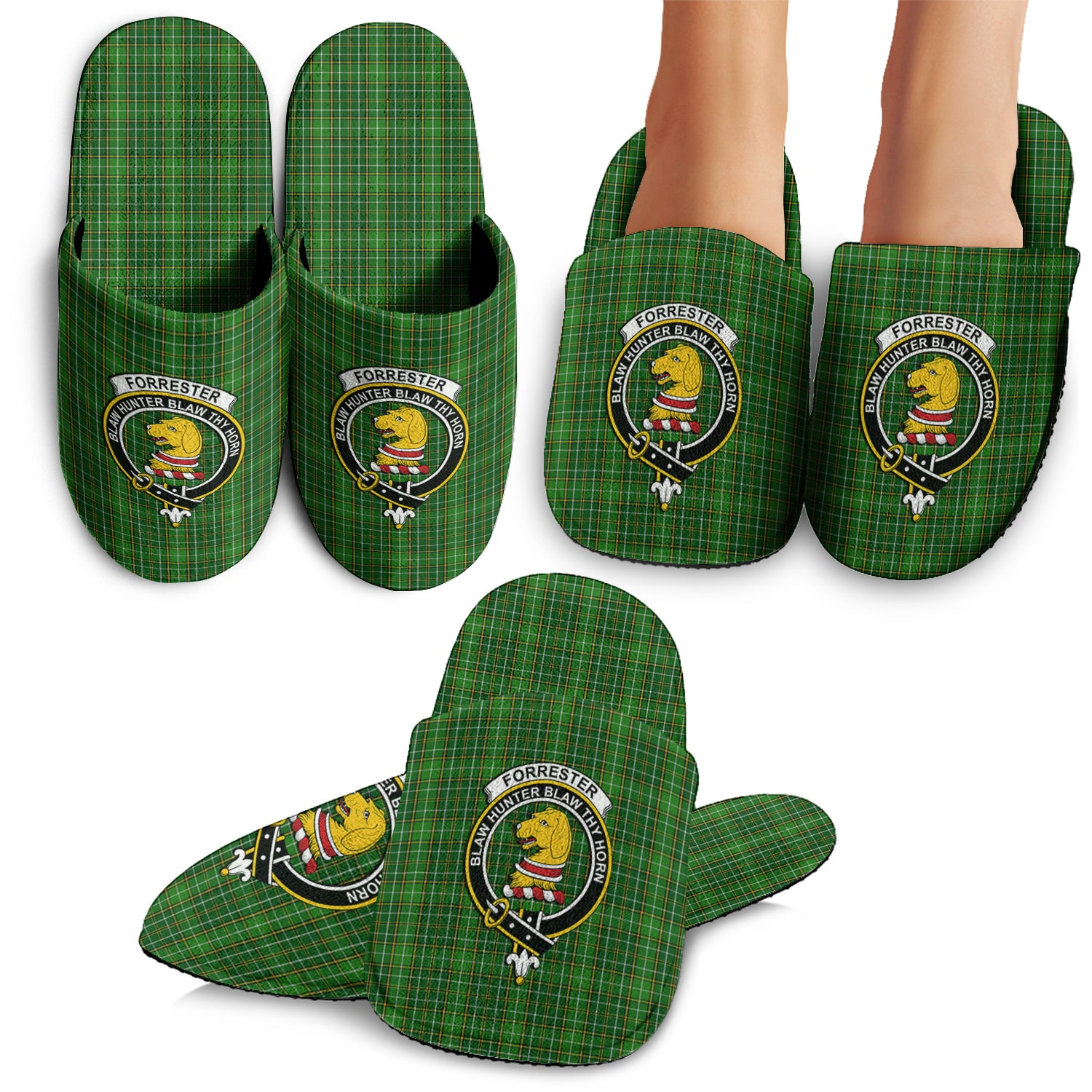 Forrester or Foster Hunting Tartan Home Slippers with Family Crest - Tartanvibesclothing