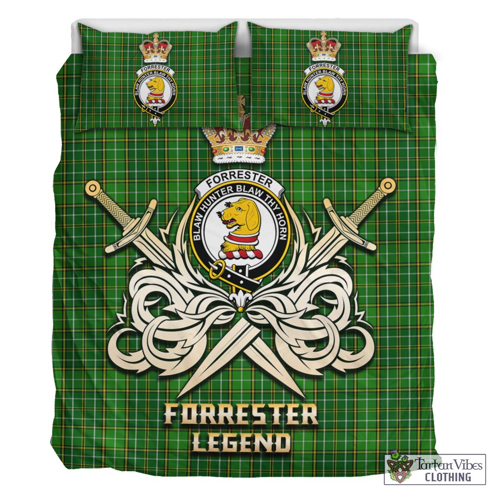 Tartan Vibes Clothing Forrester or Foster Hunting Tartan Bedding Set with Clan Crest and the Golden Sword of Courageous Legacy