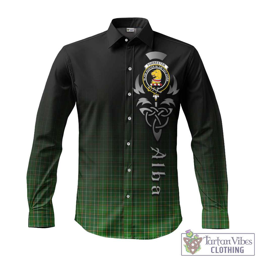 Tartan Vibes Clothing Forrester or Foster Hunting Tartan Long Sleeve Button Up Featuring Alba Gu Brath Family Crest Celtic Inspired