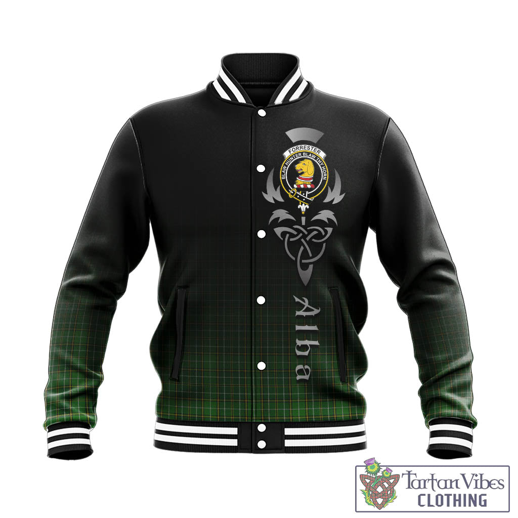 Tartan Vibes Clothing Forrester or Foster Hunting Tartan Baseball Jacket Featuring Alba Gu Brath Family Crest Celtic Inspired