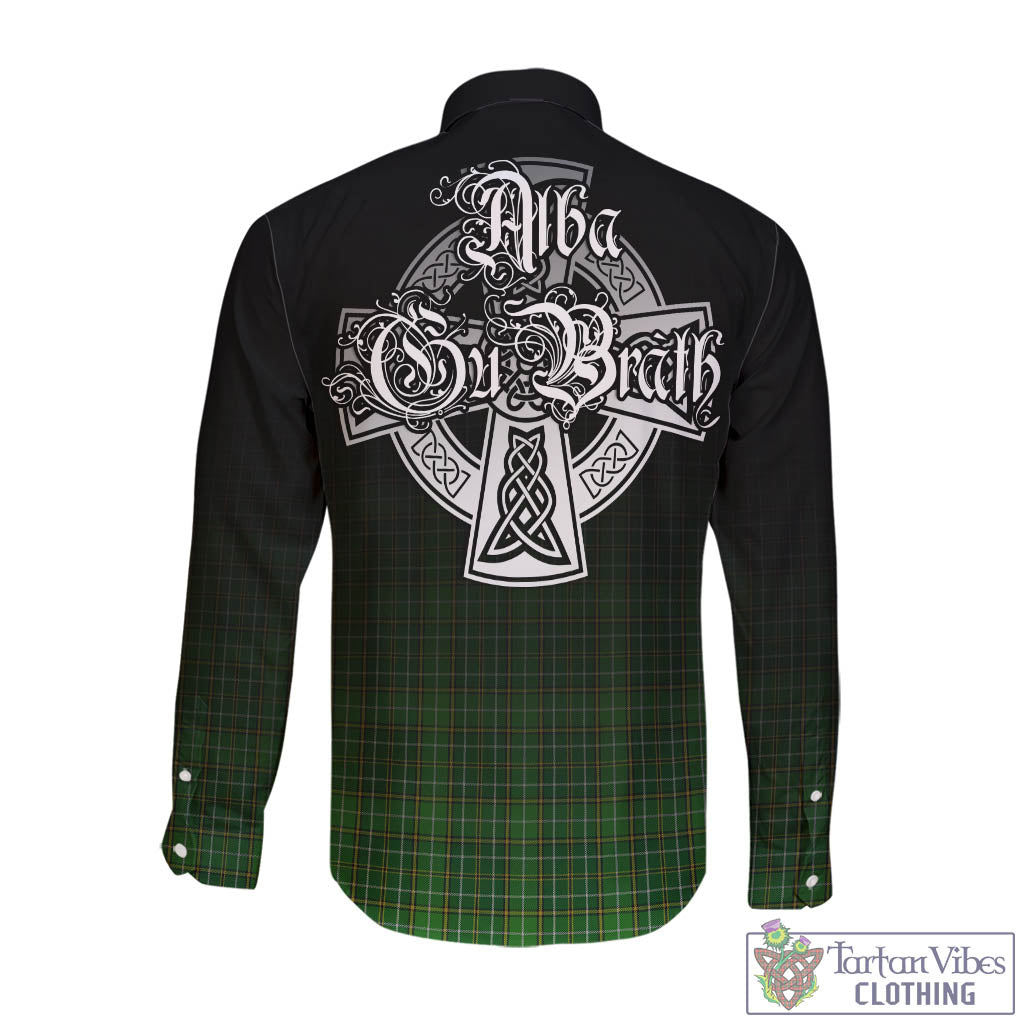 Tartan Vibes Clothing Forrester or Foster Hunting Tartan Long Sleeve Button Up Featuring Alba Gu Brath Family Crest Celtic Inspired