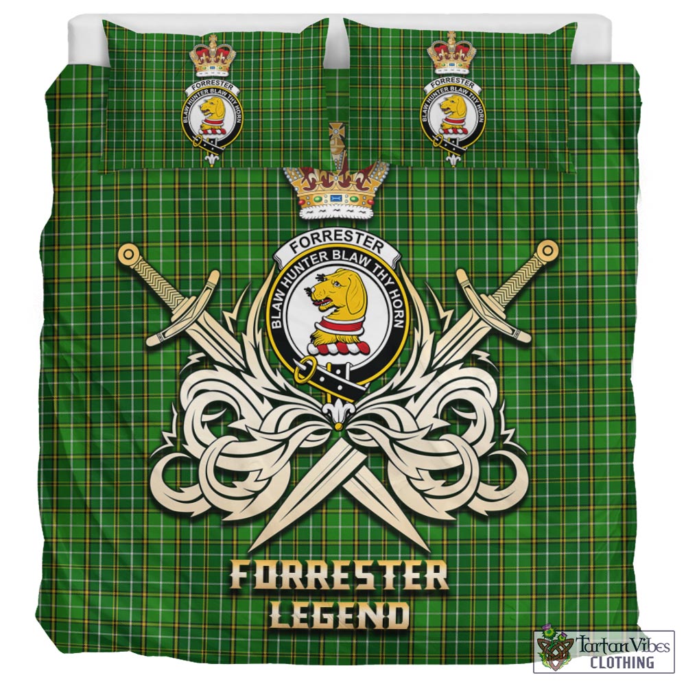 Tartan Vibes Clothing Forrester or Foster Hunting Tartan Bedding Set with Clan Crest and the Golden Sword of Courageous Legacy