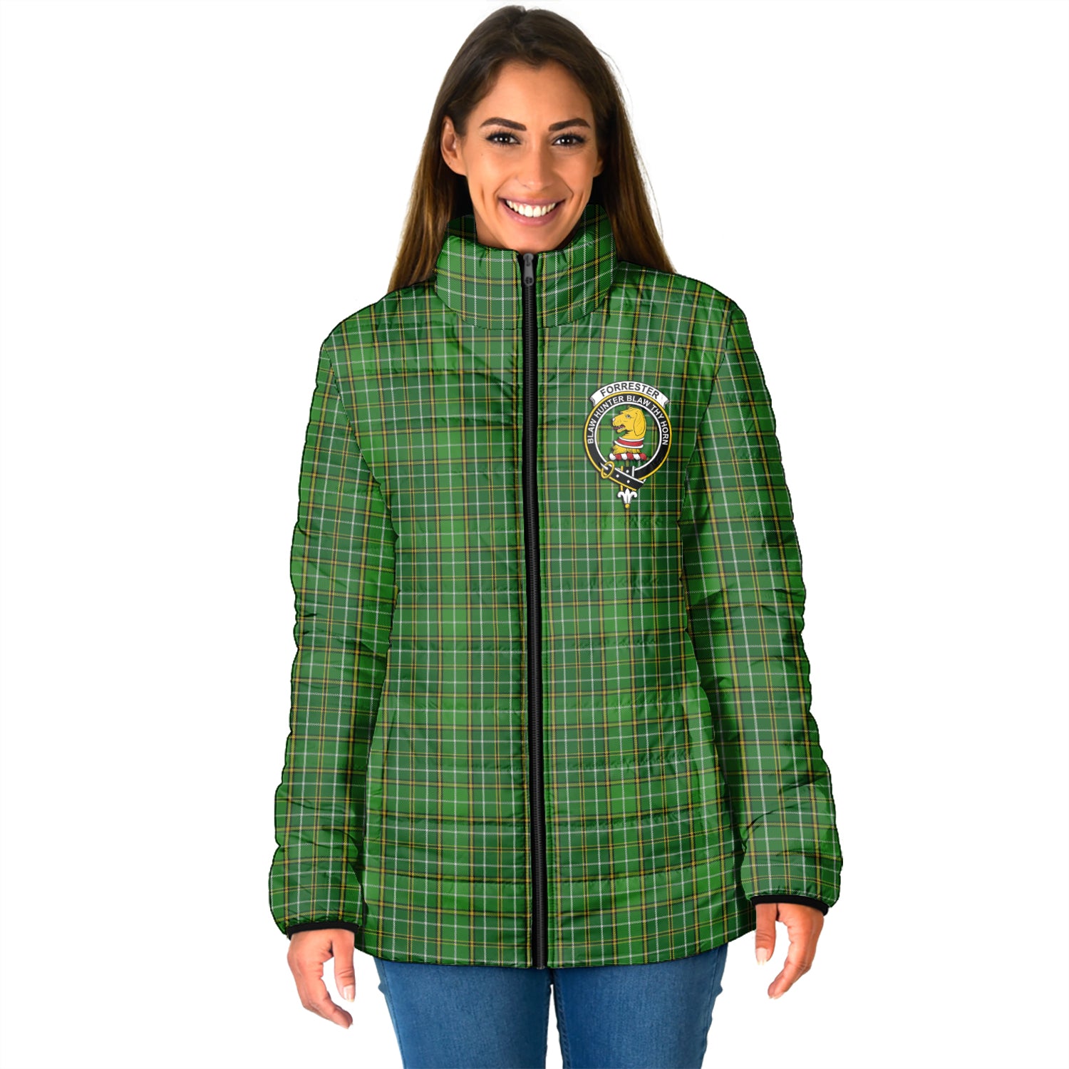 Forrester Hunting Tartan Padded Jacket with Family Crest - Tartan Vibes Clothing