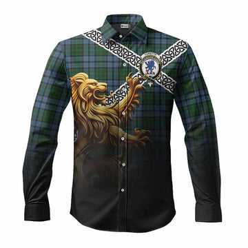 Forsyth Crest Tartan Long Sleeve Button Shirt with Golden Lion Emblem Celtic Style Men's Shirt S - Tartan Vibes Clothing