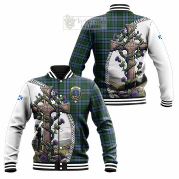 Forsyth Tartan Baseball Jacket with Family Crest and St. Andrew's Cross Accented by Thistle Vines Unisex - Tartan Vibes Clothing