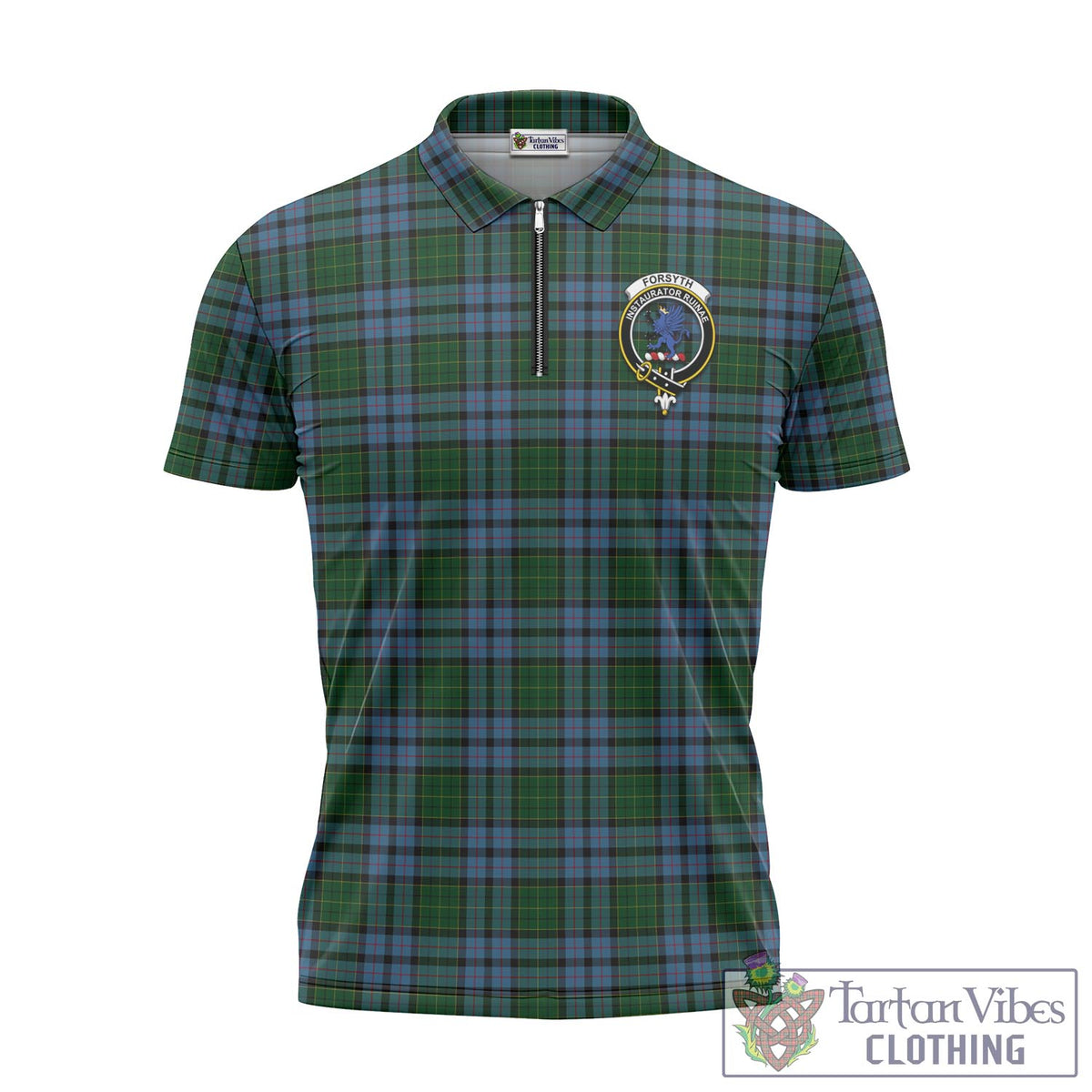 Forsyth Tartan Zipper Polo Shirt with Family Crest Unisex - Tartan Vibes Clothing