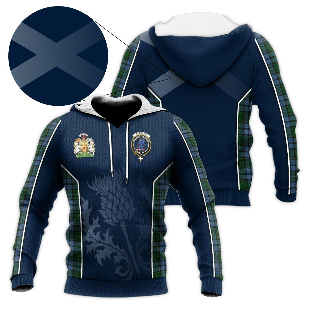 Tartan Vibes Clothing Forsyth Tartan Knitted Hoodie with Family Crest and Scottish Thistle Vibes Sport Style