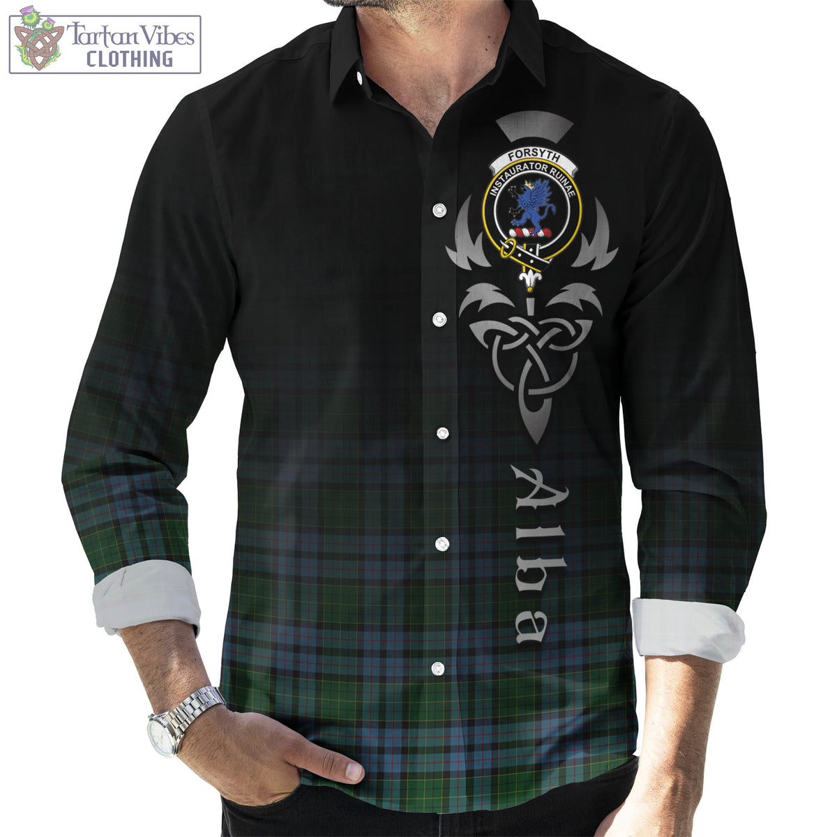 Forsyth Tartan Long Sleeve Button Up Featuring Alba Gu Brath Family Crest Celtic Inspired Men's Shirt - Tartan Vibes Clothing