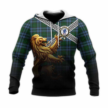 Forsyth Crest Tartan Knitted Hoodie with Golden Lion Emblem Celtic Style Unisex Knitted Pullover Hoodie - Tartan Vibes Clothing