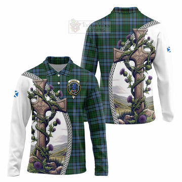 Forsyth Tartan Long Sleeve Polo Shirt with Family Crest and St. Andrew's Cross Accented by Thistle Vines Unisex - Tartan Vibes Clothing