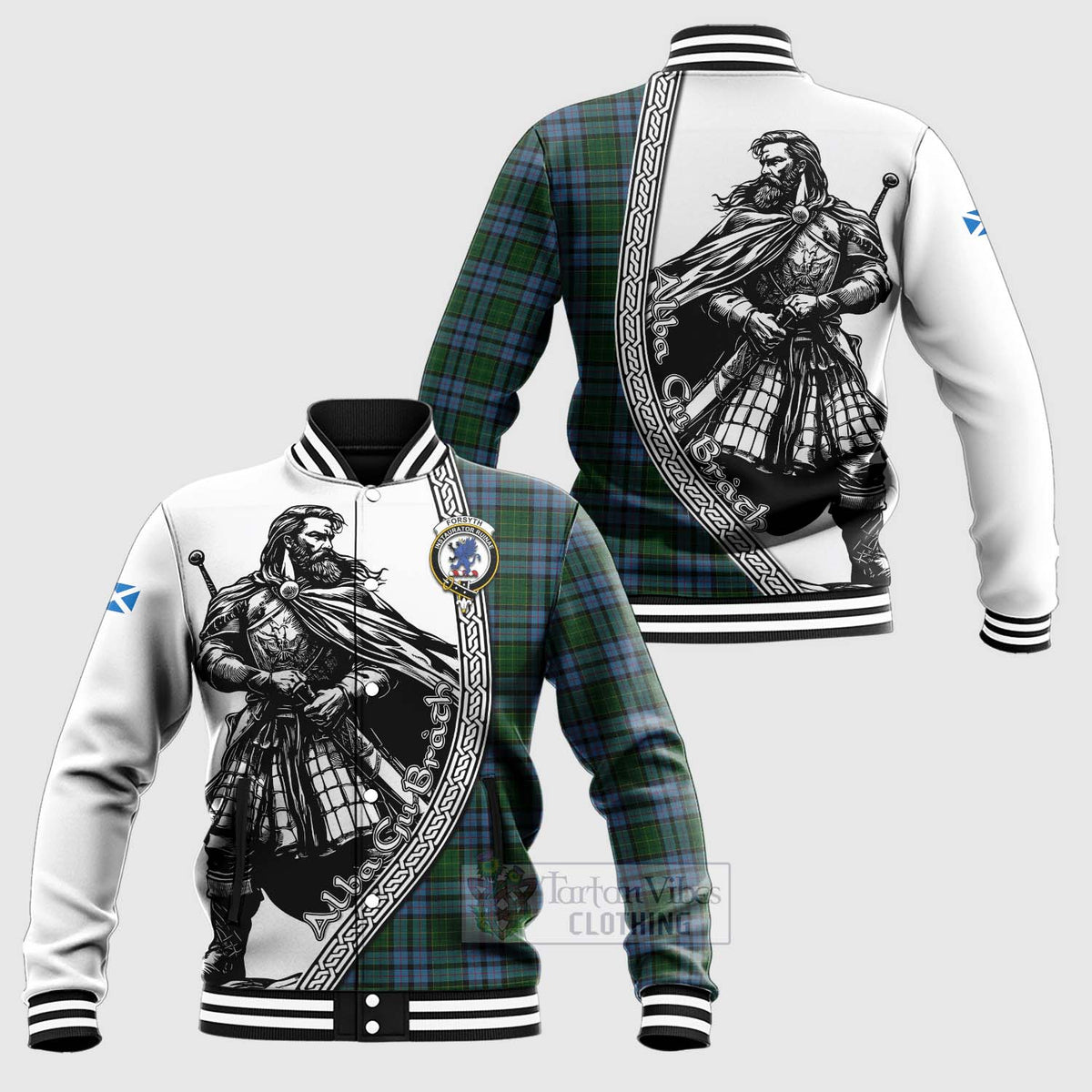 Forsyth Tartan Clan Crest Baseball Jacket with Highlander Warrior Celtic Style Unisex - Tartan Vibes Clothing