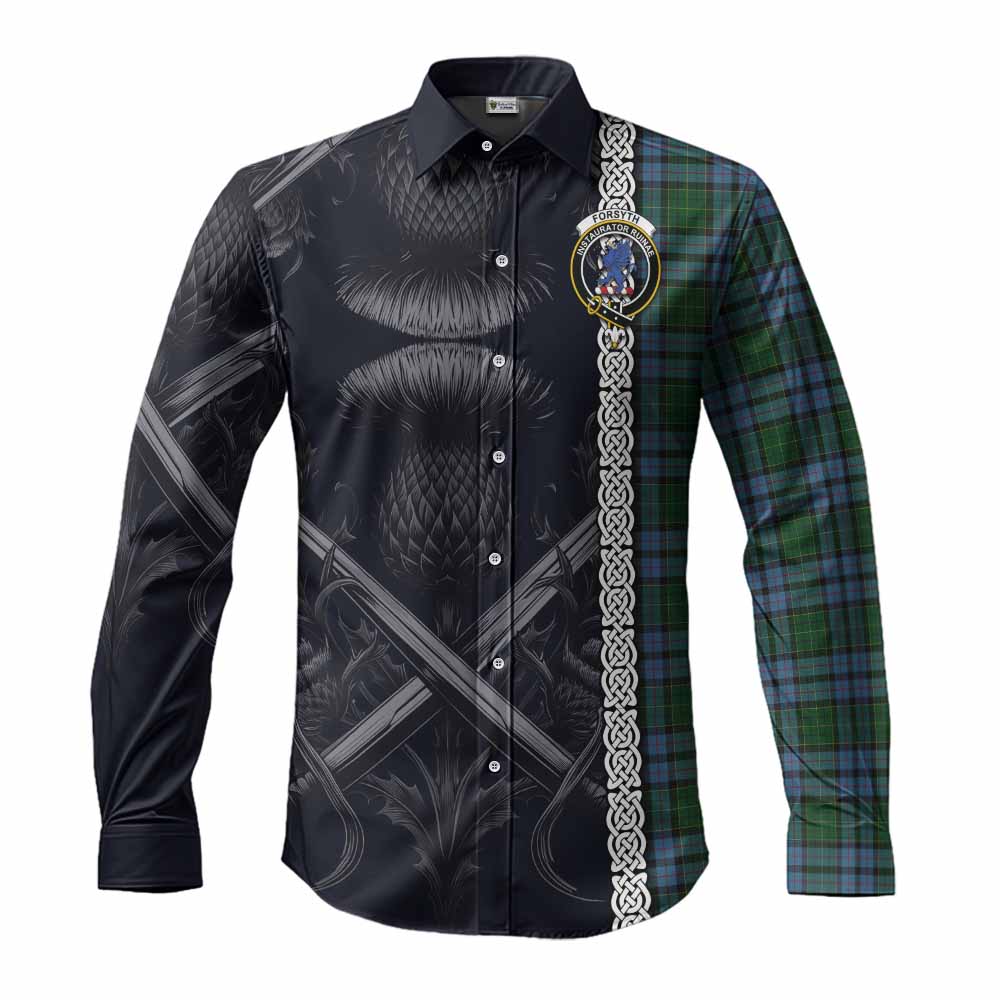 Forsyth Tartan Long Sleeve Button Shirt with Family Crest Cross Sword Thistle Celtic Vibes Men's Shirt S - Tartan Vibes Clothing