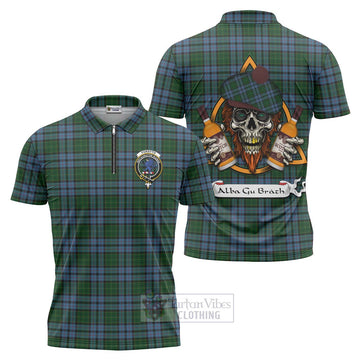 Forsyth Tartan Zipper Polo Shirt with Family Crest and Bearded Skull Holding Bottles of Whiskey Unisex - Tartan Vibes Clothing