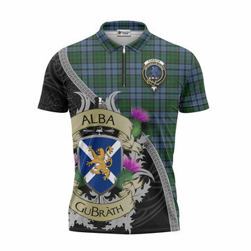 Forsyth Tartan Family Crest Zipper Polo Shirt Lion Rampant Royal Thistle Shield Celtic Inspired Unisex - Tartan Vibes Clothing