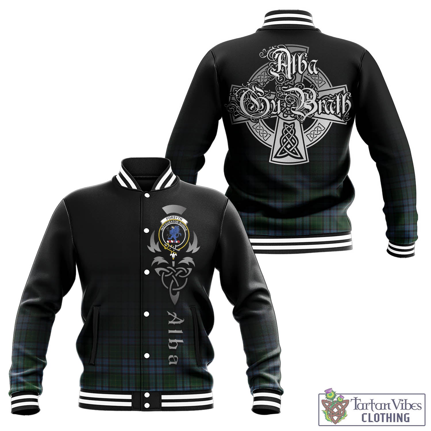 Tartan Vibes Clothing Forsyth Tartan Baseball Jacket Featuring Alba Gu Brath Family Crest Celtic Inspired