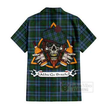 Forsyth Tartan Hawaiian Shirt with Family Crest and Bearded Skull Holding Bottles of Whiskey - Tartan Vibes Clothing