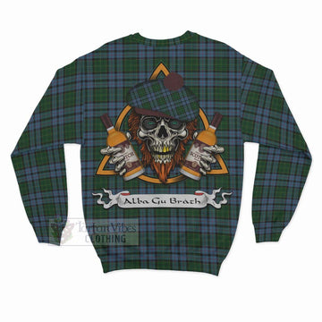Forsyth Tartan Sweatshirt with Family Crest and Bearded Skull Holding Bottles of Whiskey - Tartan Vibes Clothing
