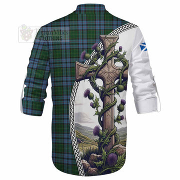 Forsyth Tartan Ghillie Kilt Shirt with Family Crest and St. Andrew's Cross Accented by Thistle Vines - Tartan Vibes Clothing