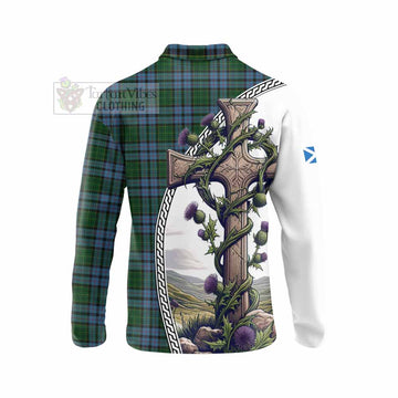 Forsyth Tartan Long Sleeve Polo Shirt with Family Crest and St. Andrew's Cross Accented by Thistle Vines - Tartan Vibes Clothing