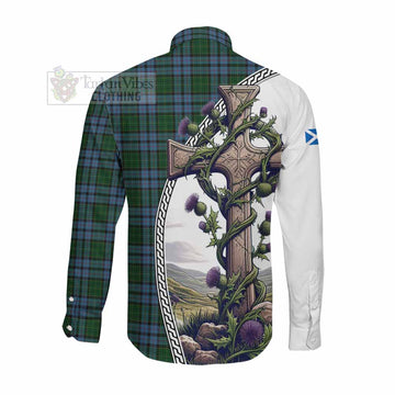 Forsyth Tartan Long Sleeve Button Shirt with Family Crest and St. Andrew's Cross Accented by Thistle Vines Men's Shirt - Tartan Vibes Clothing