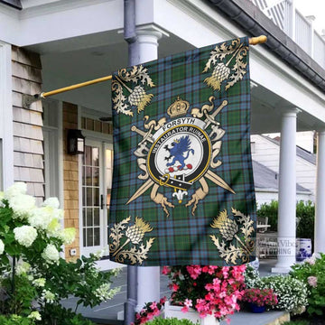 Forsyth Tartan Garden Flag with Family Crest and Golden Thistle Crossed Sword Design - Tartan Vibes Clothing