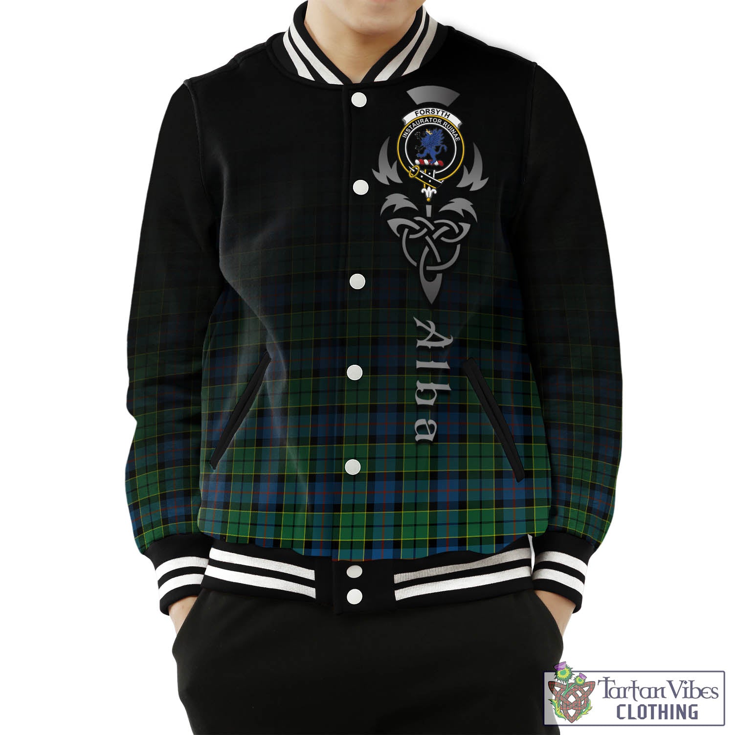 Tartan Vibes Clothing Forsyth Ancient Tartan Baseball Jacket Featuring Alba Gu Brath Family Crest Celtic Inspired