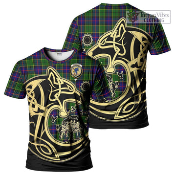 Forsyth Modern Tartan T-Shirt with Family Crest Celtic Wolf Style