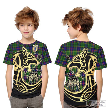 Forsyth Modern Tartan Kid T-Shirt with Family Crest Celtic Wolf Style