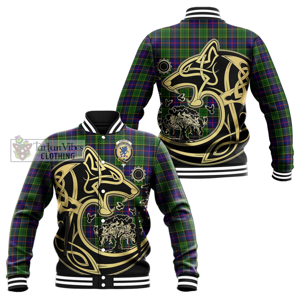 Forsyth Modern Tartan Baseball Jacket with Family Crest Celtic Wolf Style Unisex - Tartan Vibes Clothing