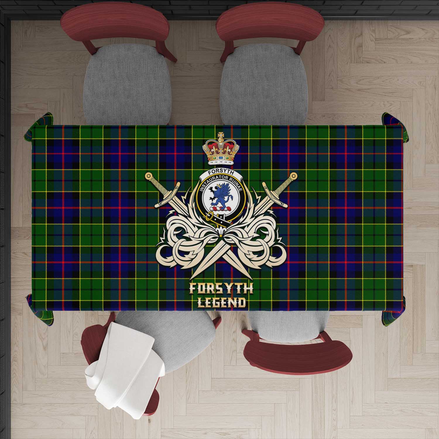 Tartan Vibes Clothing Forsyth Modern Tartan Tablecloth with Clan Crest and the Golden Sword of Courageous Legacy