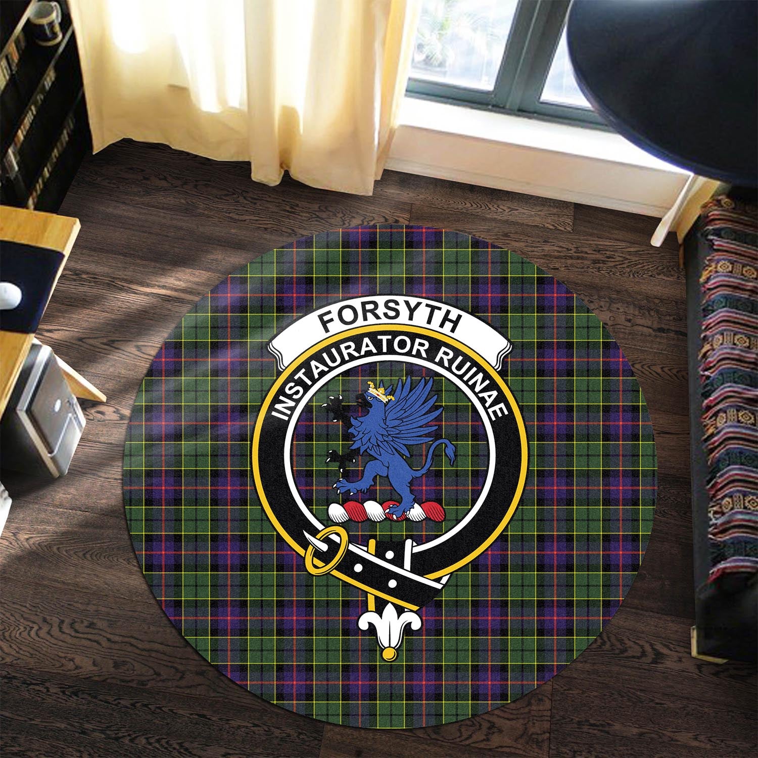 Forsyth Modern Tartan Round Rug with Family Crest - Tartanvibesclothing