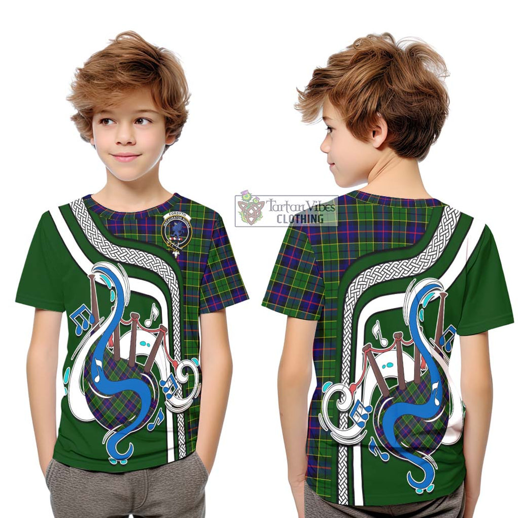 Tartan Vibes Clothing Forsyth Modern Tartan Kid T-Shirt with Epic Bagpipe Style