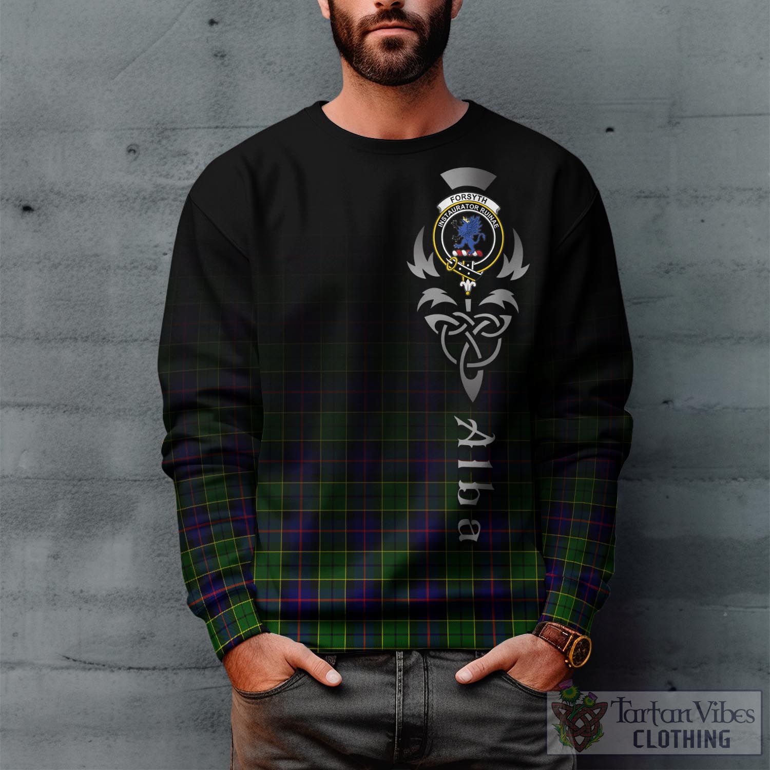 Tartan Vibes Clothing Forsyth Modern Tartan Sweatshirt Featuring Alba Gu Brath Family Crest Celtic Inspired