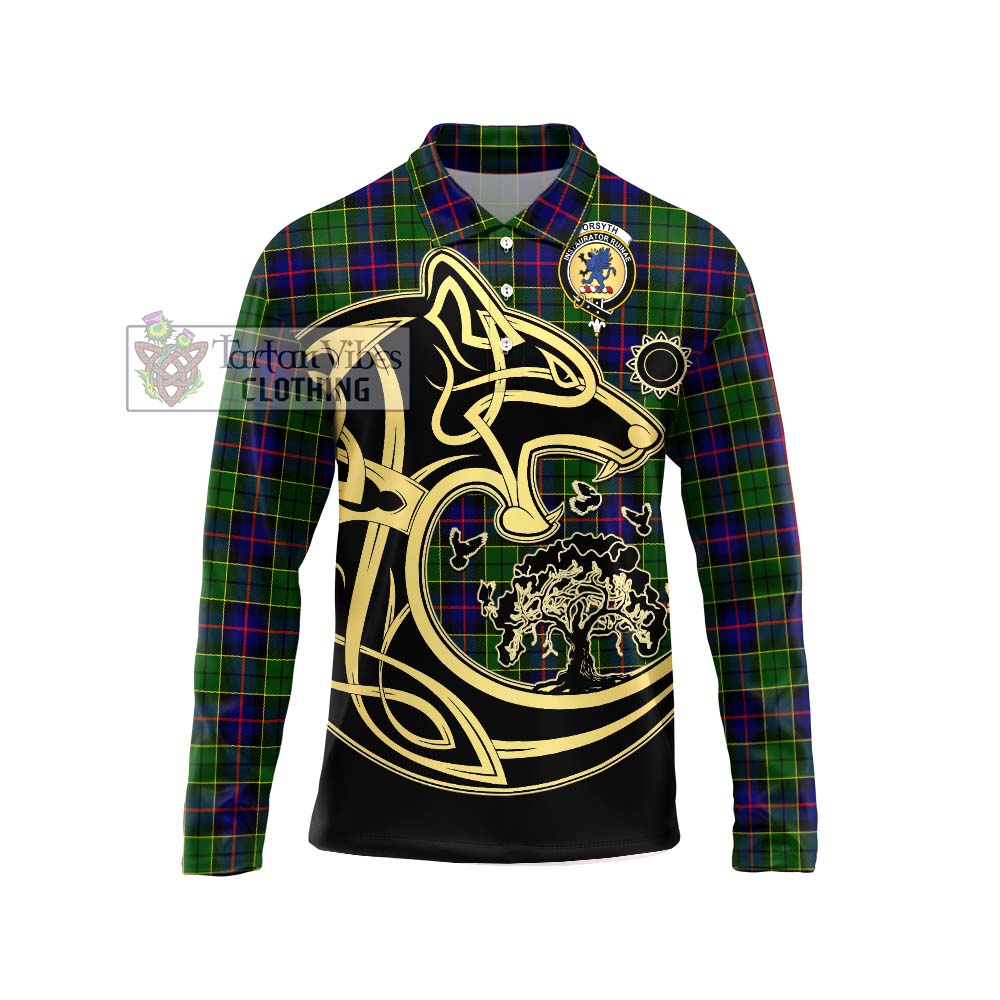 Forsyth Modern Tartan Long Sleeve Polo Shirt with Family Crest Celtic Wolf Style Unisex - Tartanvibesclothing Shop