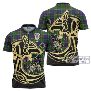 Forsyth Modern Tartan Zipper Polo Shirt with Family Crest Celtic Wolf Style