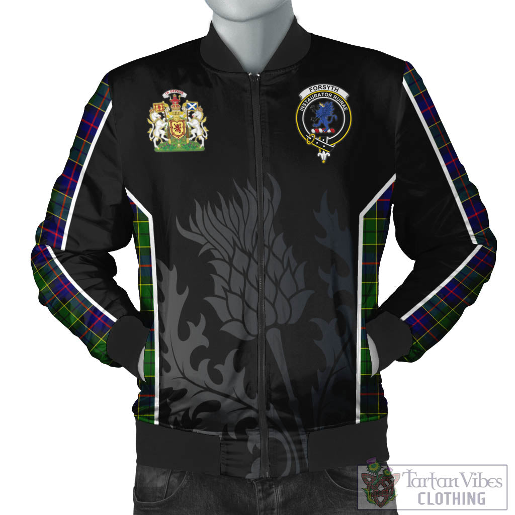 Tartan Vibes Clothing Forsyth Modern Tartan Bomber Jacket with Family Crest and Scottish Thistle Vibes Sport Style