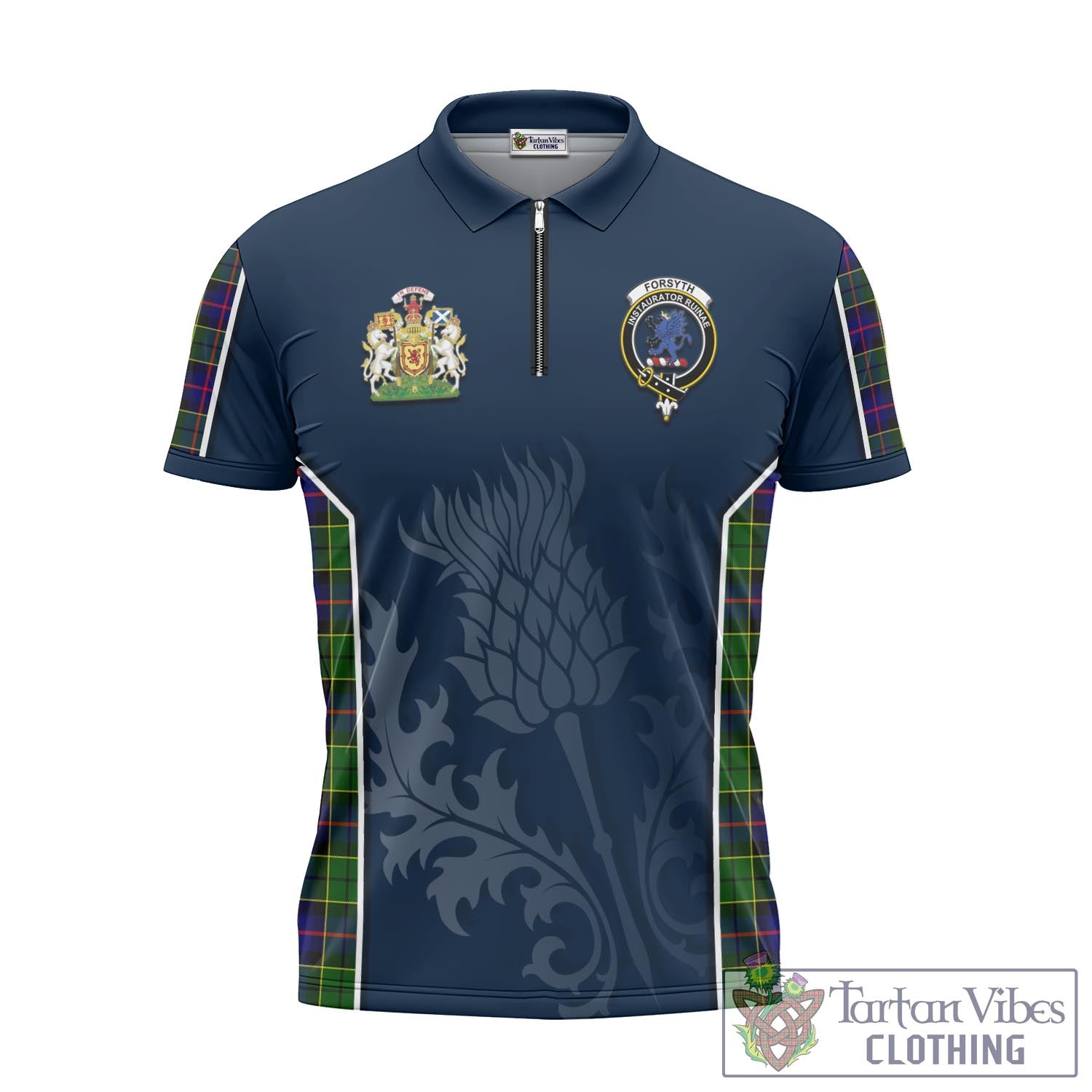 Tartan Vibes Clothing Forsyth Modern Tartan Zipper Polo Shirt with Family Crest and Scottish Thistle Vibes Sport Style