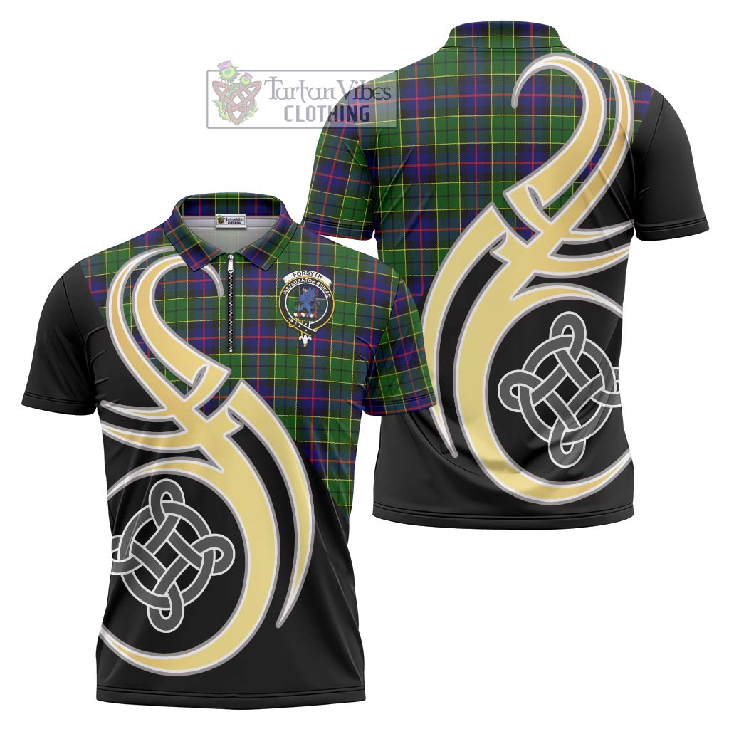 Tartan Vibes Clothing Forsyth Modern Tartan Zipper Polo Shirt with Family Crest and Celtic Symbol Style