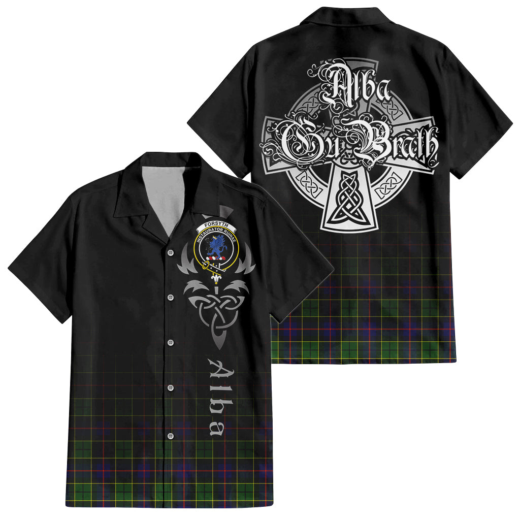 Tartan Vibes Clothing Forsyth Modern Tartan Short Sleeve Button Up Featuring Alba Gu Brath Family Crest Celtic Inspired