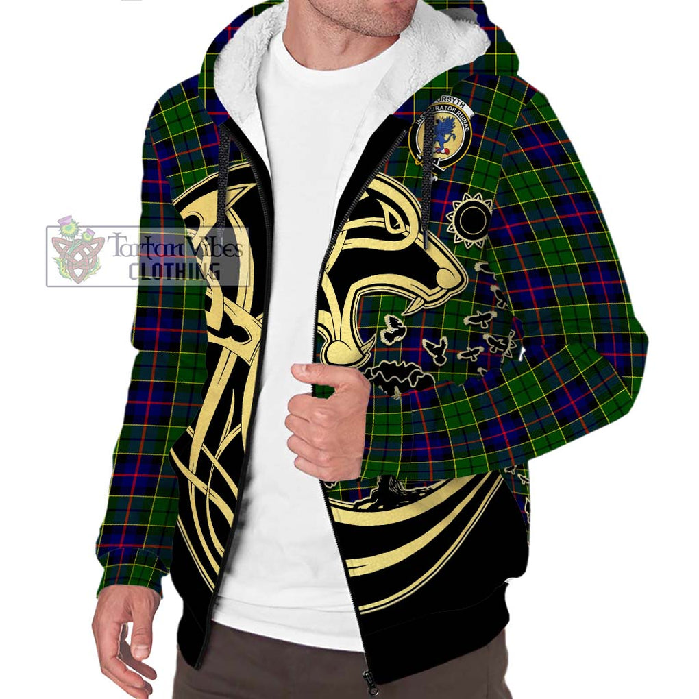 Forsyth Modern Tartan Sherpa Hoodie with Family Crest Celtic Wolf Style Unisex S - Tartan Vibes Clothing