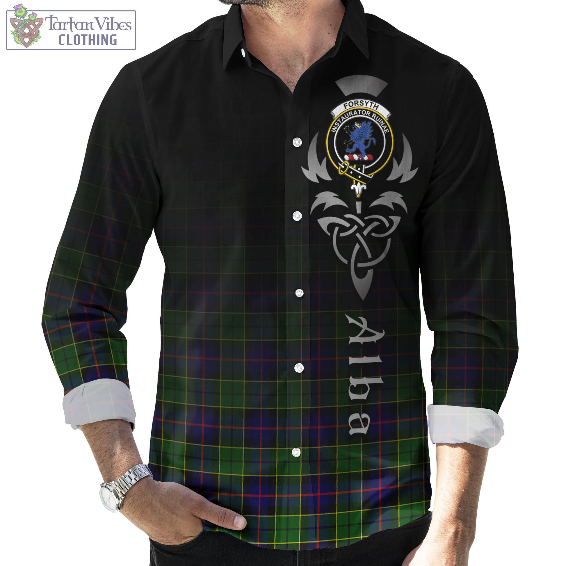 Tartan Vibes Clothing Forsyth Modern Tartan Long Sleeve Button Up Featuring Alba Gu Brath Family Crest Celtic Inspired