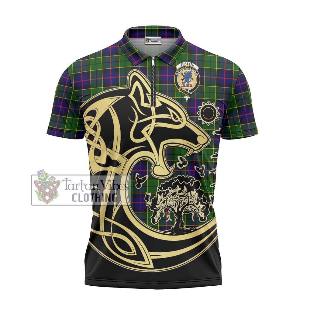 Forsyth Modern Tartan Zipper Polo Shirt with Family Crest Celtic Wolf Style - Tartanvibesclothing Shop