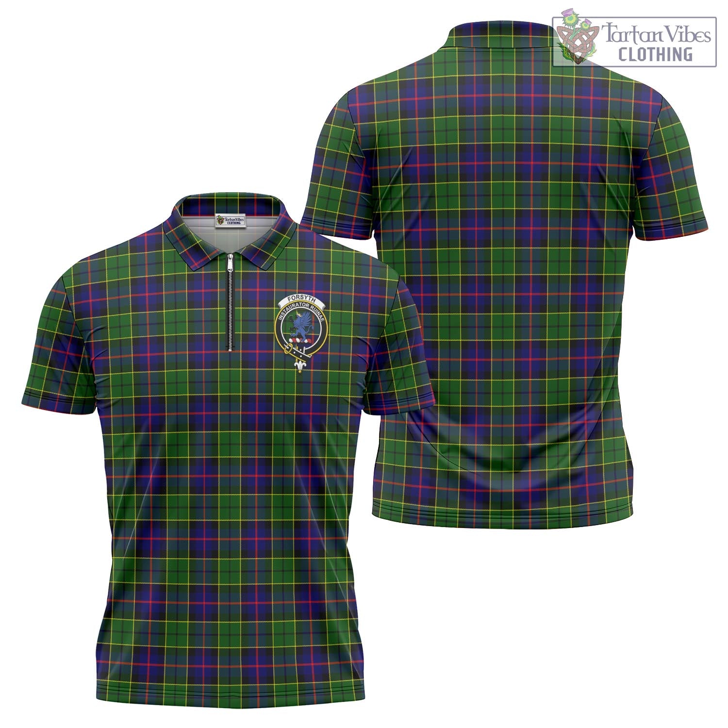 Tartan Vibes Clothing Forsyth Modern Tartan Zipper Polo Shirt with Family Crest