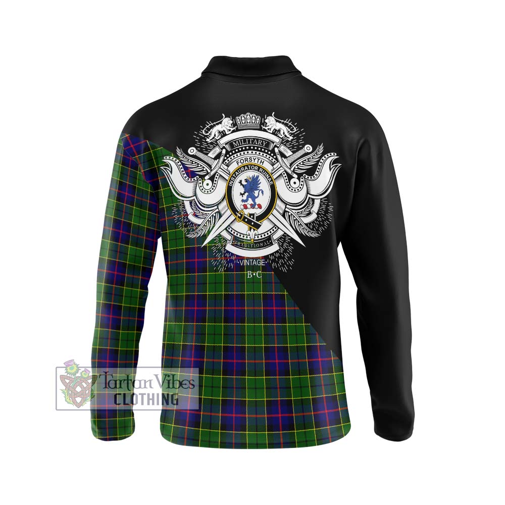 Forsyth Modern Tartan Long Sleeve Polo Shirt with Family Crest and Military Logo Style - Tartanvibesclothing Shop